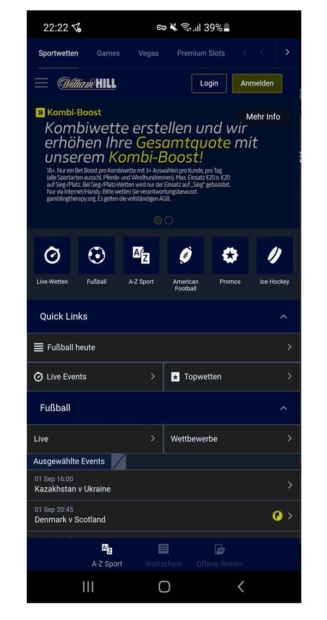 Startbildschirm WilliamHill App