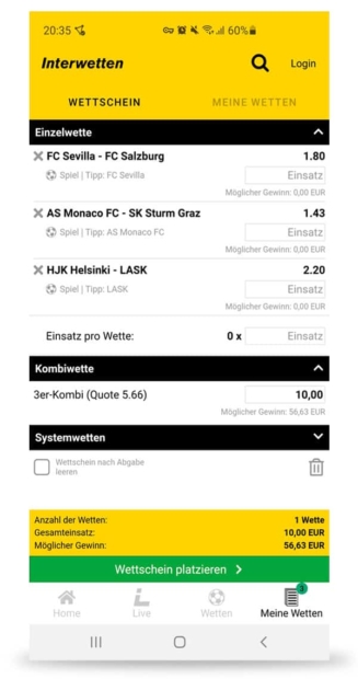 Interwetten App Wettschein