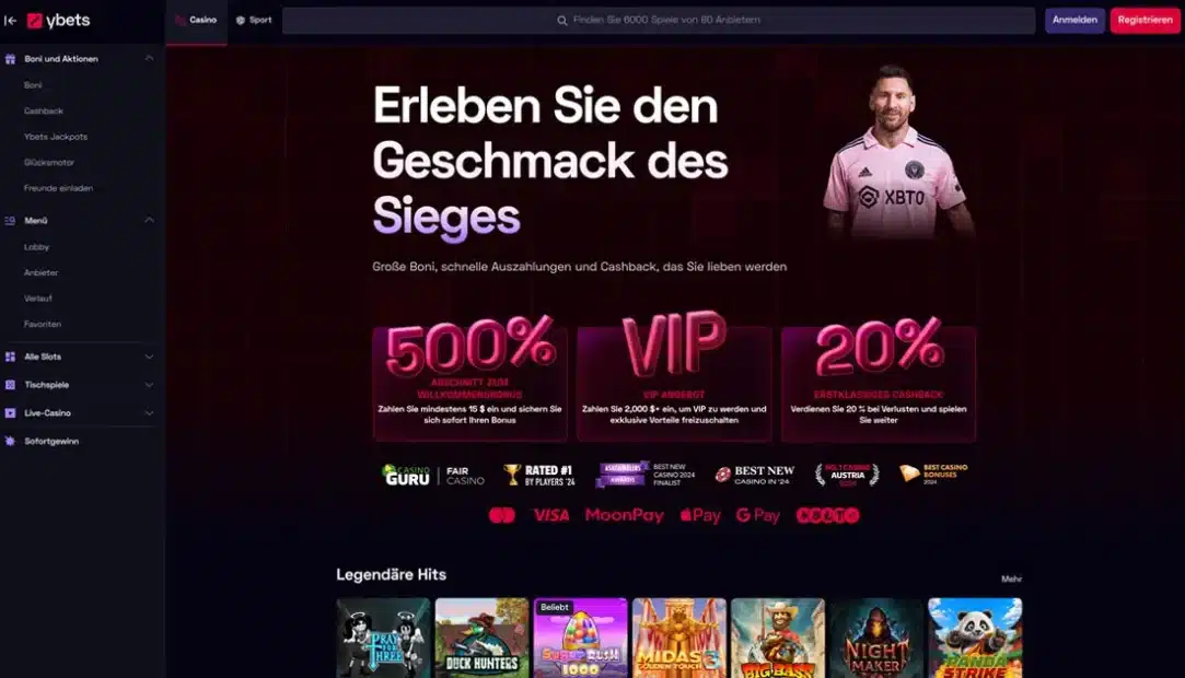 Startseite vom Online Casino Ybets